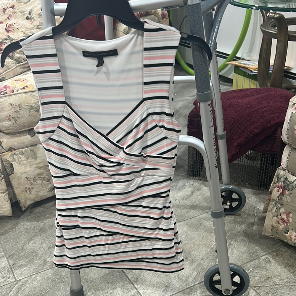 White House Black Market Black and White Ruched Wrap Tank Top